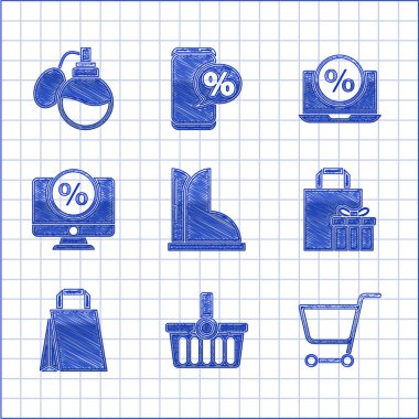 Set Waterproof rubber boot, Shopping basket, cart, Gift box, Paper shopping bag, Percent discount and monitor, laptop and Perfume icon. Vector
