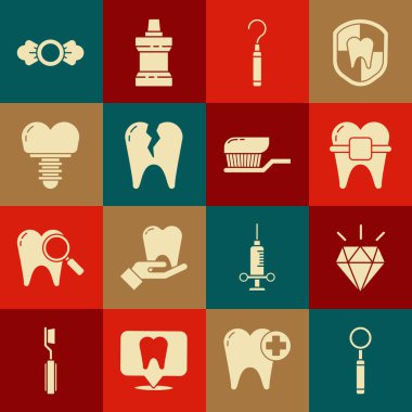 Set Dental inspection mirror, Diamond teeth, Teeth with braces, explorer scaler for, Broken tooth, implant, Candy and Toothbrush toothpaste icon. Vector