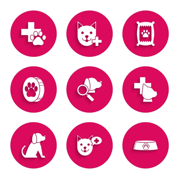 Set Veterinary clinic symbol, Pet food bowl for cat or dog, Dog, Paw print, Bag of and  icon. Vector