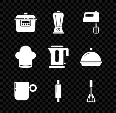 Set Slow cooker, Blender, Electric mixer, Coffee cup, Rolling pin, Spatula, Chef hat and kettle icon. Vector