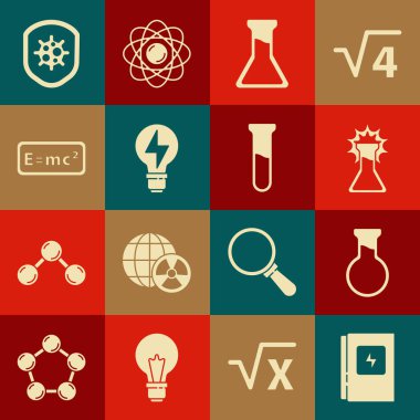 Set Electrical panel, Test tube and flask, Light bulb with lightning, Equation solution, Shield protecting from virus and  icon. Vector
