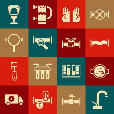 Set Water tap, meter, Industry metallic pipe, Rubber gloves, Filter wrench, Toilet bowl and  icon. Vector