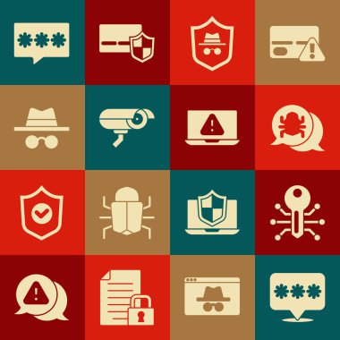 Set Password protection, Smart key, System bug, Incognito mode, Security camera,  and Laptop with exclamation mark icon. Vector