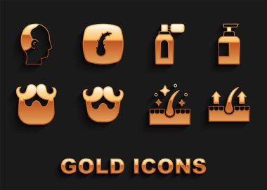 Set Mustache and beard, Bottle of shampoo, Human hair follicle, Oil for care treatment, Aftershave with atomizer, Baldness and  icon. Vector