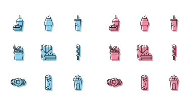 Set line Donut with sweet glaze, Popcorn cardboard box, Burger french fries carton package, Ice cream, Asian noodles paper chopsticks and waffle cone icon. Vector