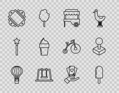 Set line Hot air balloon, Ice cream, Fast street food cart with awning, Swing, Ticket, waffle cone, Hand holding playing cards and Joystick for arcade machine icon. Vector