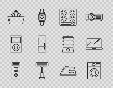 Set line Remote control, Washer, Gas stove, Electric heater, Citrus fruit juicer, Refrigerator, iron and Laptop icon. Vector