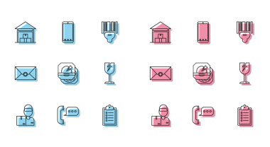 Set line Delivery man with cardboard boxes, Warehouse, Verification of delivery list clipboard, Pizza in, Fragile broken glass symbol, Envelope and Mobile app tracking icon. Vector