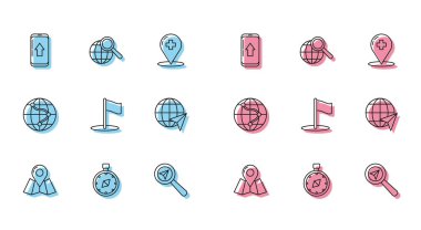 Set line Folded map with location marker, Compass, Infographic of city navigation, Search, Flag, Location the globe,  and Magnifying glass icon. Vector