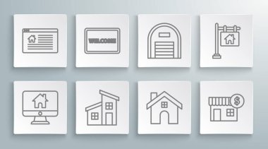 Set line Computer monitor with smart home, Doormat the text Welcome, House, dollar symbol, Warehouse, Hanging sign Sale and Online icon. Vector