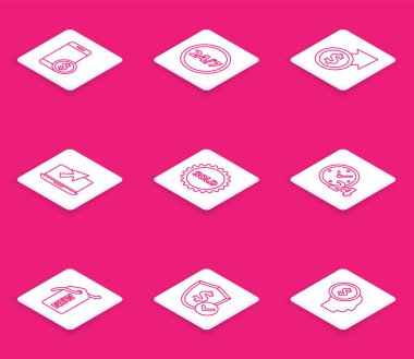 Set line Smartphone with dollar, Clock 24 hours, Financial growth and coin, Laptop cursor, Sold label, Price tag New and Shield icon. Vector