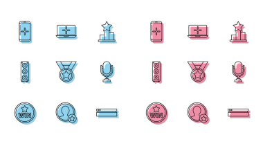 Set line Medal, Premium create account screen, Smartphone and playing in game, Video console, Microphone, Stereo speaker and Laptop icon. Vector