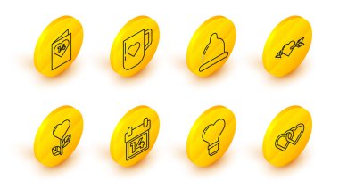 Set line Two Linked Hearts, shape light bulb, Calendar with February 14, flower, Amour heart and arrow, Condom, Coffee cup and Valentines day flyer icon. Vector