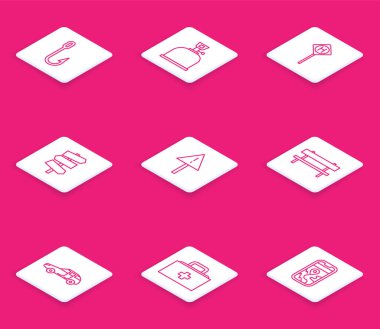 Set line Fishing hook, Camping gas stove, Parking, Road traffic signpost, Exclamation mark triangle, Bench, Car and First aid kit icon. Vector