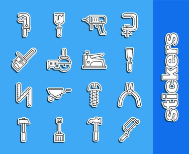 Set line Hacksaw, Pliers tool, Putty knife, Electric drill machine, Angle grinder, Chainsaw, Clamp and Construction stapler icon. Vector