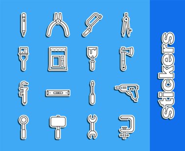 Set line Clamp and screw tool, Electric hot glue gun, Wooden axe, Hacksaw, Cement bag, Paint brush, Pencil with eraser and Putty knife icon. Vector