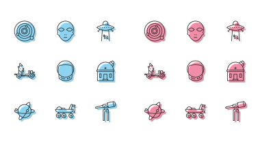 Set line Satellites orbiting the planet Earth, Mars rover, Solar system, Telescope, Astronaut helmet, Astronomical observatory,  and Alien icon. Vector