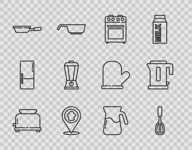 Set line Toaster, Kitchen whisk, Oven, Chef hat with location, Frying pan, Blender, Jug glass water and Electric kettle icon. Vector