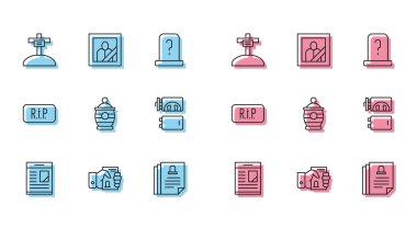 Set line Obituaries, Death certificate in hand, Grave with cross, Funeral urn, Crematorium, Speech bubble rip death and Mourning photo frame icon. Vector