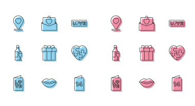 Set line Valentines day party flyer, Smiling lips, Location with heart, Greeting card, Gift box, Heart, Champagne bottle and Envelope icon. Vector