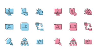 Set line Online working, Video chat conference, camera Off laptop, Camera,  and Time management icon. Vector
