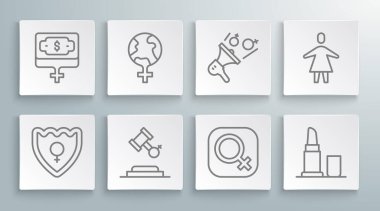 Set line Gender shield, Female, Feminism in the world, rights, gender, Lipstick, Feminist activist,  and Money growth woman icon. Vector