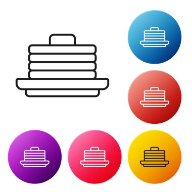 Siyah çizgi yığın krep simgesi beyaz arkaplanda izole edildi. Şerbetli ve kirazlı fırın. Kahvaltı konsepti. Renkli daire düğmelerini ayarlayın. Vektör.