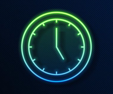 Parlayan neon çizgi saat simgesi mavi arkaplanda izole edildi. Zaman sembolü. Vektör.