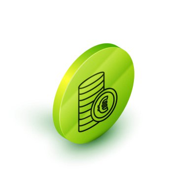 Beyaz arka planda izole edilmiş Euro sembollü Isometric line Coin parası. Bankacılık işareti. Para sembolü. Yeşil daire düğmesi. Vektör.