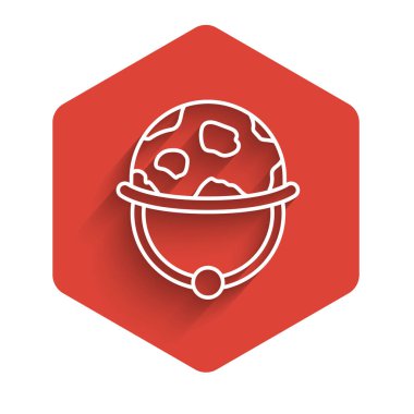 Uzun gölgeli beyaz çizgi askeri miğfer ikonu. Ordu şapkasının savunma ve koruma sembolü. Koruyucu şapka. Kırmızı altıgen düğmesi. Vektör.