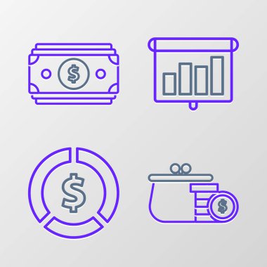 Set line Wallet with coins, Coin money dollar symbol, Presentation financial board graph, schedule, chart, diagram, infographic, pie graph and Stacks paper cash icon. Vector