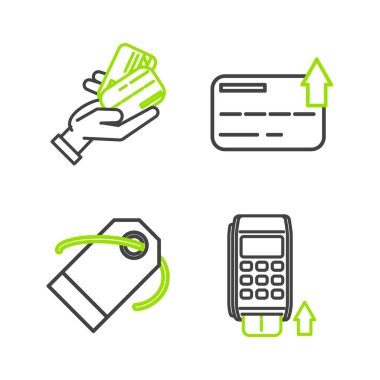 Set line Pos terminal with inserted credit card, Blank label template price tag, Credit and Human hand holding icon. Vector