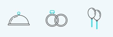 Set line Balloons with ribbon, Covered tray of food and Wedding rings icon. Vector