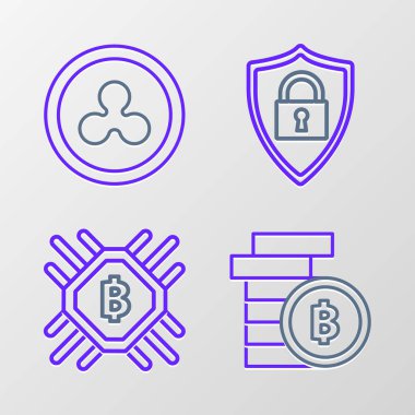 Set line Cryptocurrency coin Bitcoin, CPU mining farm, Shield security with lock and Ripple XRP icon. Vector