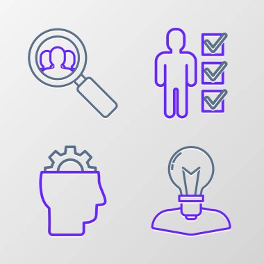 Set line Human head with lamp bulb, gear inside, User of business suit and Magnifying glass for search people icon. Vector