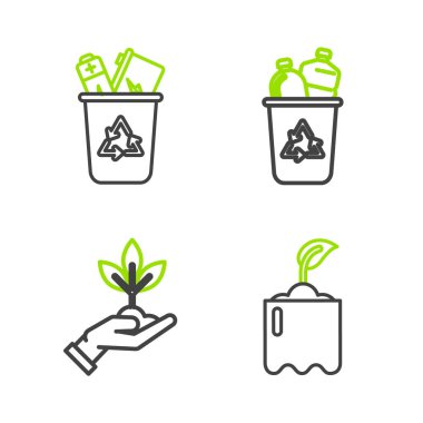 Set line Sprout in bottle, Plant hand of environmental protection, Recycle bin with recycle symbol and  icon. Vector