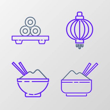 Set line Rice in a bowl with chopstick, Japanese paper lantern and Sushi on cutting board icon. Vector