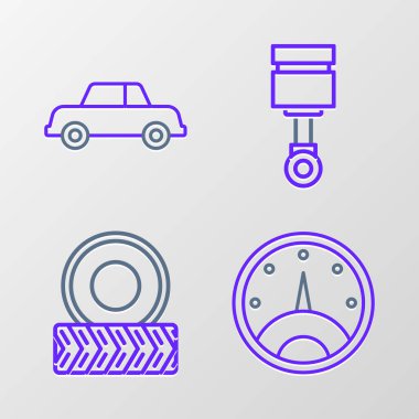 Set line Speedometer Car wheel Engine piston and icon. Vector.
