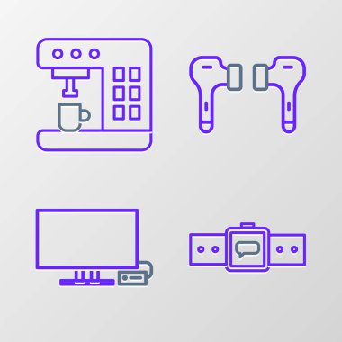 Set line Smartwatch, Tv, Air headphones and Coffee machine icon. Vector