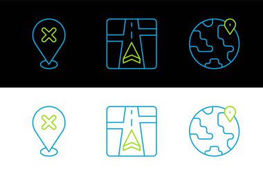 Set line Location on the globe, with cross mark and Gps device map icon. Vector