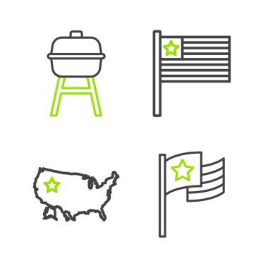 Set line American flag, USA map,  and Barbecue grill icon. Vector