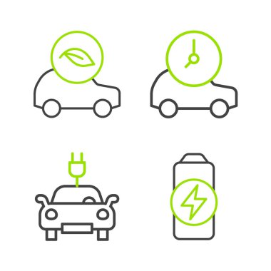 Set line Battery charge, Electric car,  and Eco icon. Vector