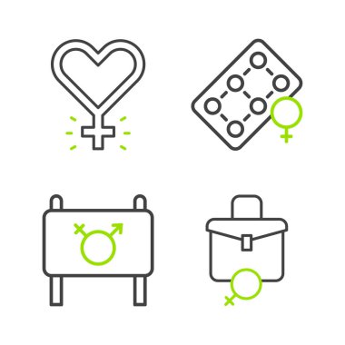 Set line Work for female, Feminist activist, Packaging of birth control pills and Feminism icon. Vector