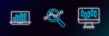 Set line Stocks market growth graphs, Laptop with chart and Search data analysis icon. Glowing neon. Vector