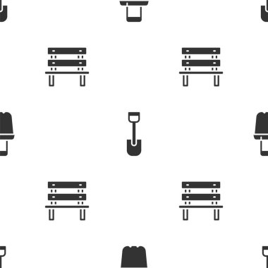 Set Sand in bucket, Shovel toy and Bench on seamless pattern. Vector