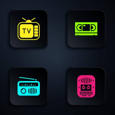 Set Cassette tape player, Retro tv, Radio with antenna and VHS video cassette. Black square button. Vector