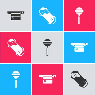 Set Waist bag of banana, Skateboard trick and Lollipop icon. Vector
