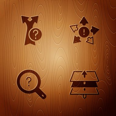 Set Layers, Arrow, Unknown search and Many ways directional arrow on wooden background. Vector