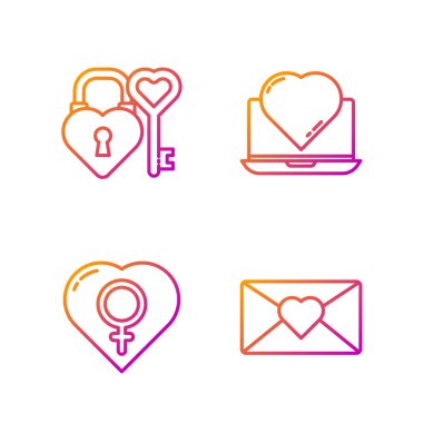 Set line Envelope with 8 March, Female gender in heart, Castle and key in heart shape and Online dating app and chat. Gradient color icons. Vector.