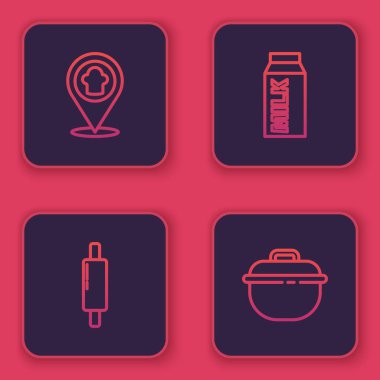 Set line Chef hat with location, Rolling pin, Paper package for milk and Cooking pot. Blue square button. Vector.